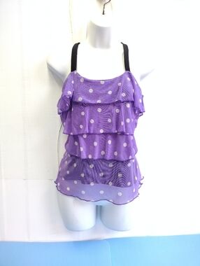 NWT Bacci Purple Polka Dot Sheer Layered Ruffle Stretch Top RacerBack Size M